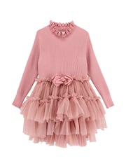 Angels Face Pink 100% Cotton Elin Long Sleeve Knit With Tulle Dress - Image 5 of 5