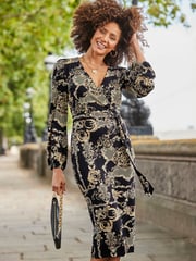 Sosandar Black Paisley Print Belted Wrap Dress - Image 2 of 4
