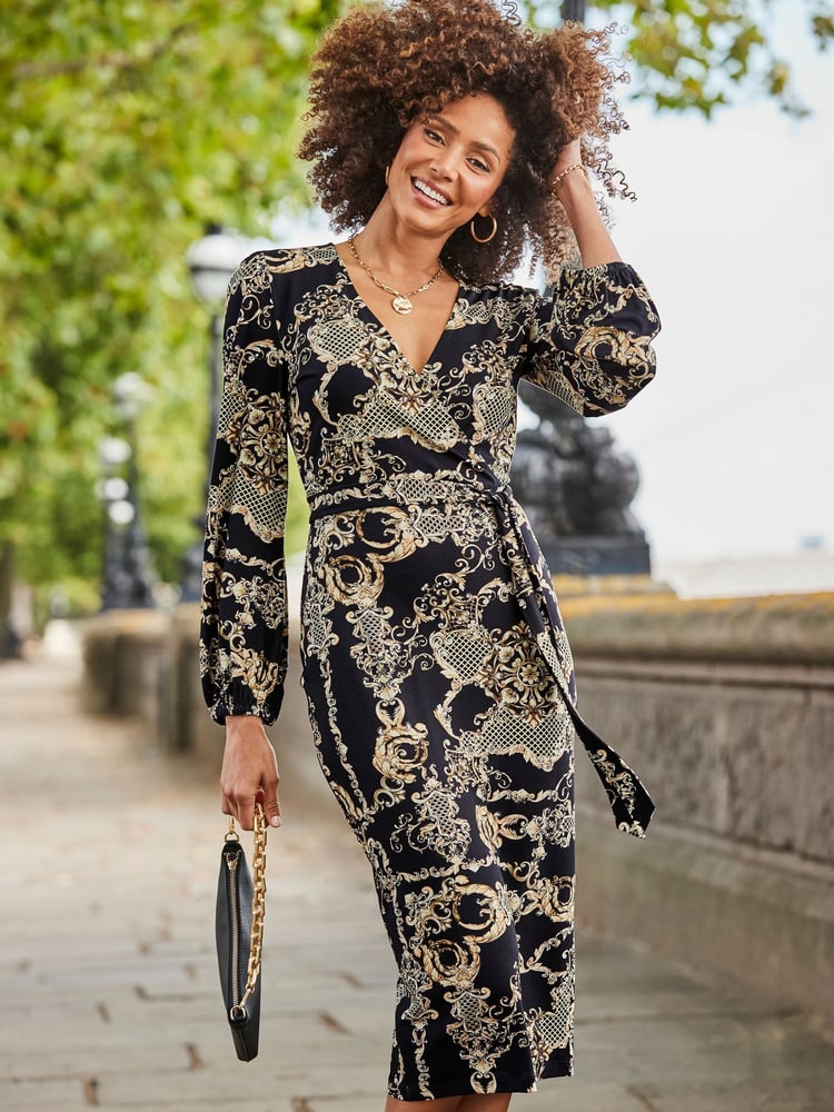 Sosandar Black Paisley Print Belted Wrap Dress - Image 2 of 4