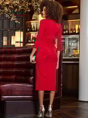 Sosandar Red Faux Wrap Ruched Detail Midi Dress - Image 2 of 5