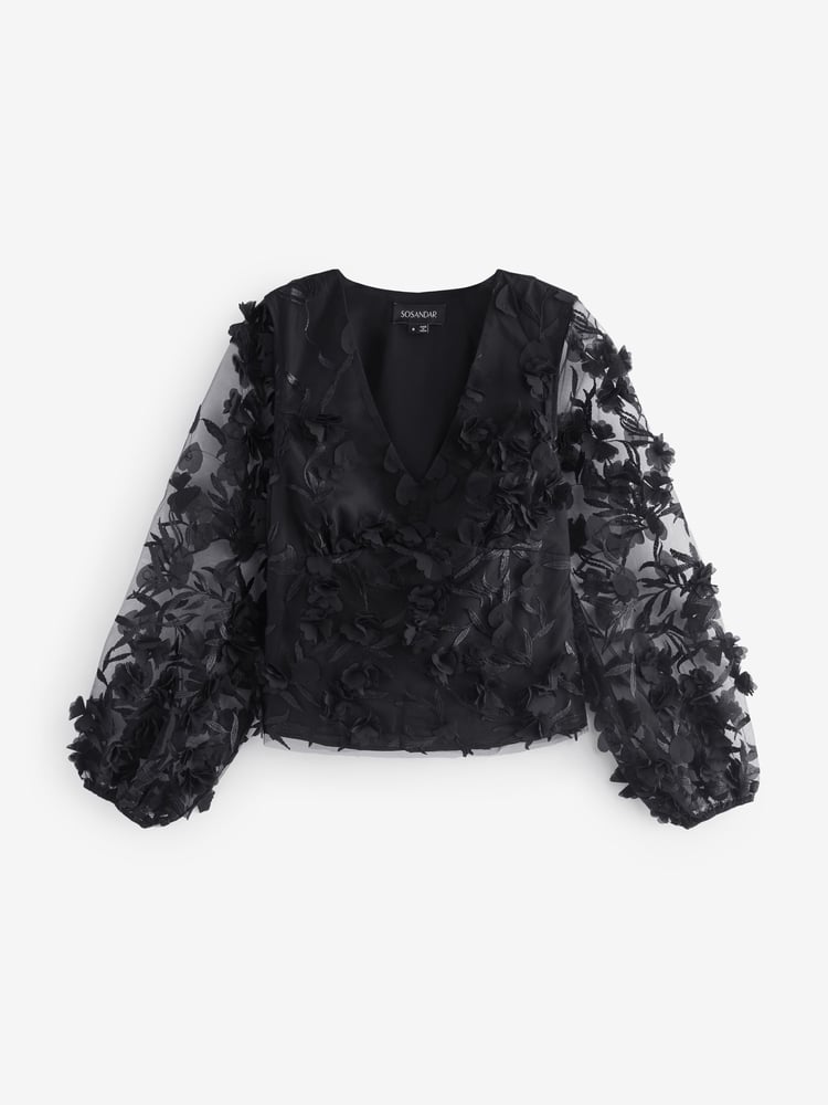 Sosandar Black Floral Lace Sleeve Detail Blouse - Image 6 of 6