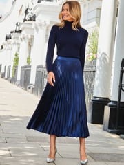 Sosandar Blue Pleated Satin Midi Skirt - Image 2 of 5
