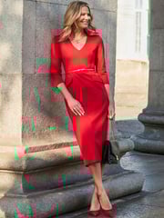 Sosandar Red Structured Shoulder Belted Pencil Dress - Image 1 of 5