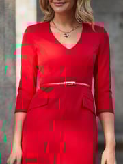 Sosandar Red Structured Shoulder Belted Pencil Dress - Image 5 of 5