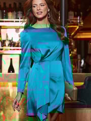 Sosandar Blue Satin Ruched Detail Dress - Image 3 of 5