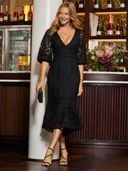 Sosandar Black Sweetheart Neckline Lace Detail Midi Dress - Image 1 of 5