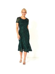Roman Green Metallic Lace Sequin Midi Dress - Image 1 of 3