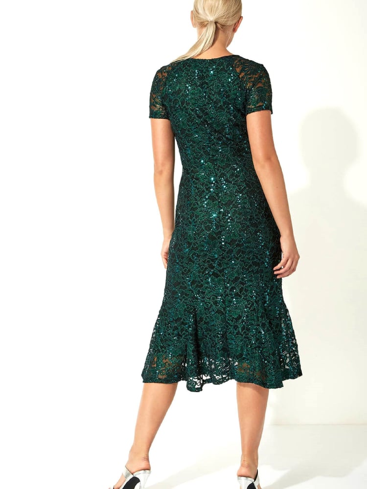Roman Green Metallic Lace Sequin Midi Dress - Image 2 of 3