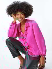 Roman Pink Satin Ruffle Neck Blouse - Image 1 of 5
