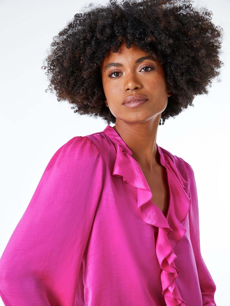 Roman Pink Satin Ruffle Neck Blouse - Image 5 of 5