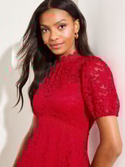 Lipsy Red Lace Short Sleeve Underbust Mini Skater Dress - Image 3 of 4