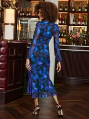 Sosandar Blue Floral Print Faux Wrap Midi Dress - Image 4 of 5