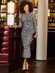 Sosandar White Animal Print Keyhole Detail Ruched Dress - Image 2 of 5