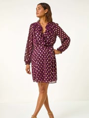 Roman Red Foil Print V-Neck Fit and Flare Ruffle Dress - Image 1 of 6