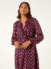Roman Red Foil Print V-Neck Fit and Flare Ruffle Dress - Image 3 of 6