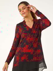 Roman Red Floral Chiffon Hem Blouse - Image 1 of 5