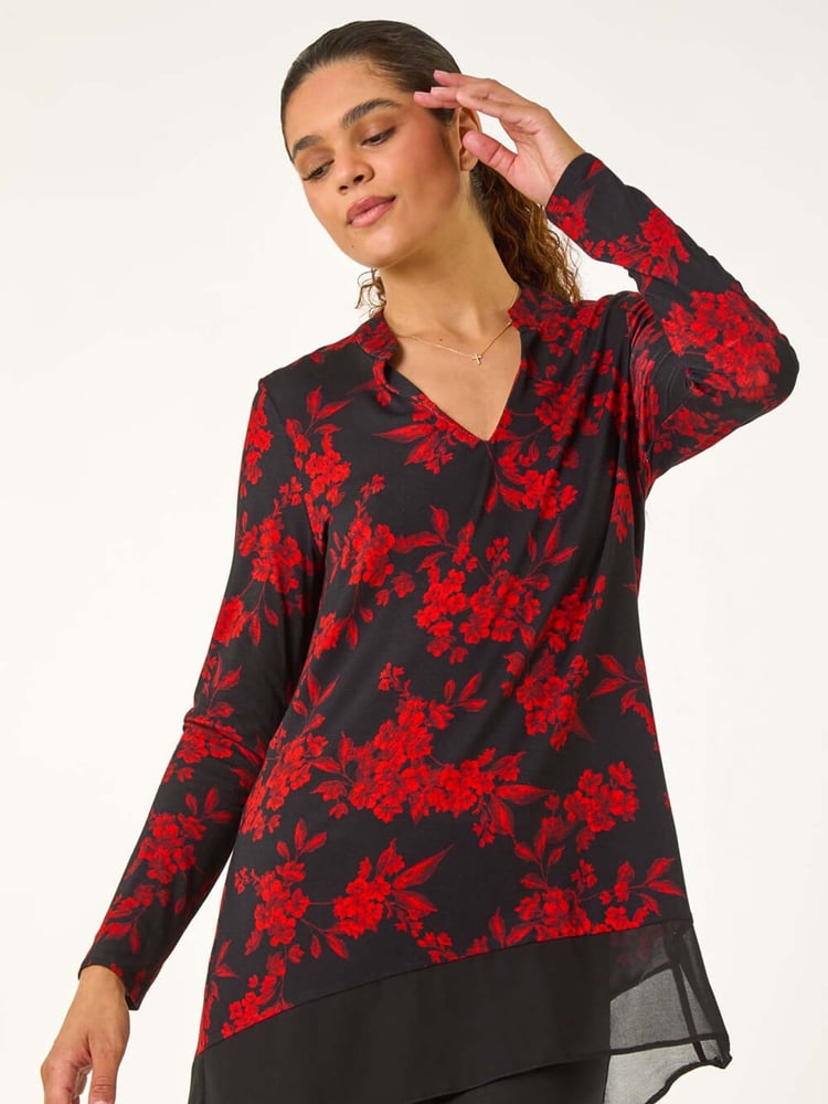 Roman Red Floral Chiffon Hem Blouse - Image 1 of 5
