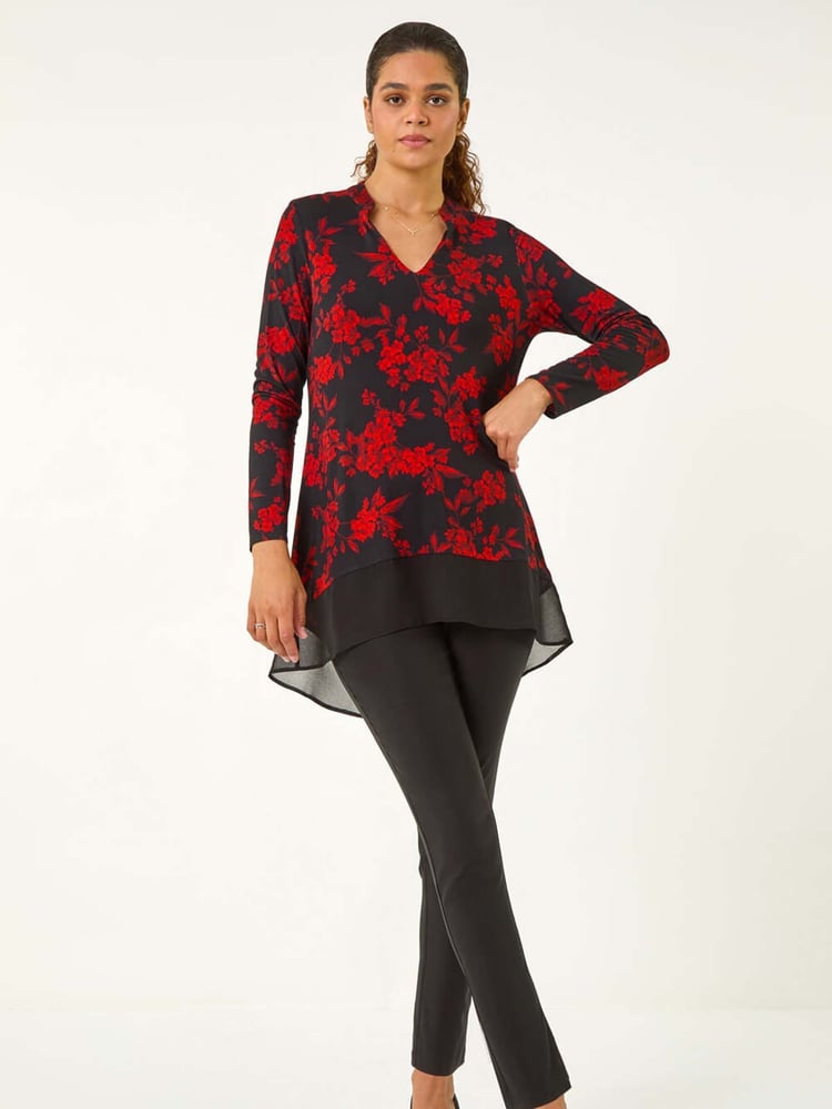 Roman Red Floral Chiffon Hem Blouse - Image 2 of 5