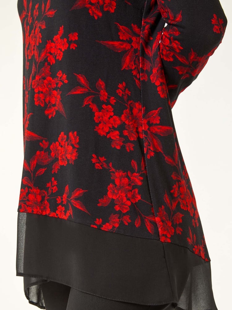 Roman Red Floral Chiffon Hem Blouse - Image 5 of 5