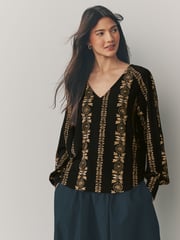 Black/Yellow Print Long Sleeve V-Neck Jersey Blouse - Image 1 of 7