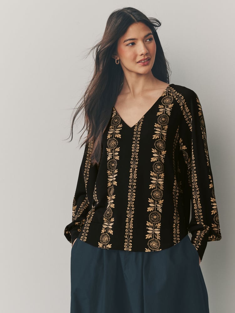 Black/Yellow Print Long Sleeve V-Neck Jersey Blouse - Image 1 of 7