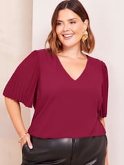 Friends Like These Burgundy Red Curve Short Sleeve Pleated Top - Image 1 of 4