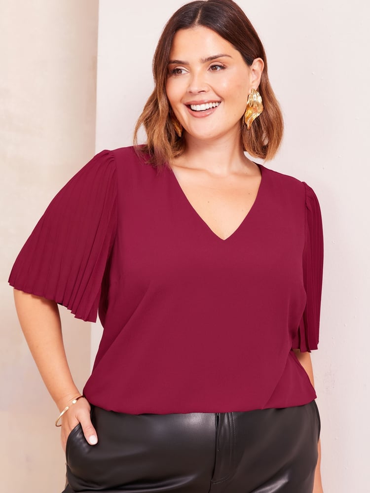 Friends Like These Burgundy Red Curve Short Sleeve Pleated Top - Image 1 of 4