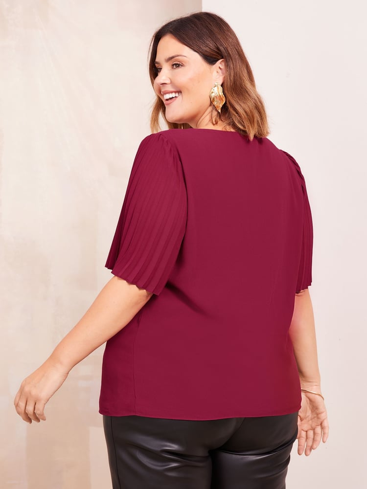 Friends Like These Burgundy Red Curve Short Sleeve Pleated Top - Image 4 of 4