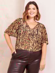Friends Like These Natural Animal Curve Short Sleeve Pleated Top - Image 1 of 4