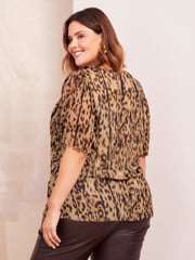 Friends Like These Natural Animal Curve Short Sleeve Pleated Top - Image 4 of 4