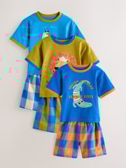 Blue/Green Check Animal Print 100% Cotton Short Pyjamas 3 Pack (9mths-10yrs) - Image 1 of 7