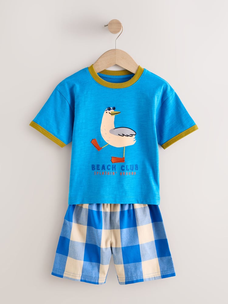Blue/Green Check Animal Print 100% Cotton Short Pyjamas 3 Pack (9mths-10yrs) - Image 2 of 7