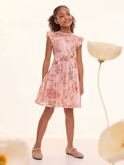 Lipsy Pink Floral Printed Sequin Occasion Dress (5-16yrs) - Image 3 of 5