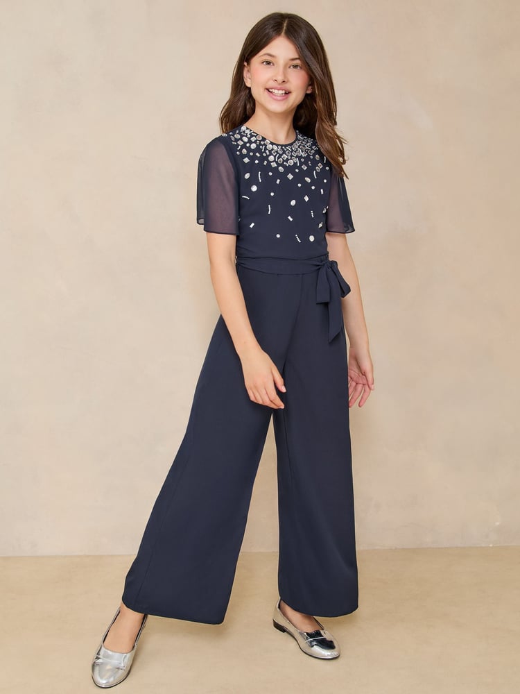 Lipsy Navy Blue Embellished Occasion Jumpsuit (5-16yrs) - Image 1 of 4