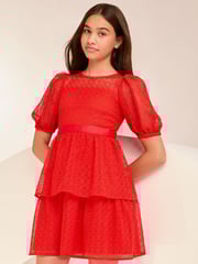 Lipsy Red Lace Puff Sleeve Occasion Dress (5-16yrs) - Image 1 of 4