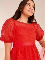 Lipsy Red Lace Puff Sleeve Occasion Dress (5-16yrs) - Image 3 of 4