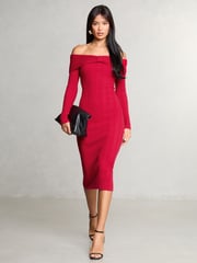 Lipsy Red Knitted Bow Detail Ribbed Bardot Dress - Image 1 of 4