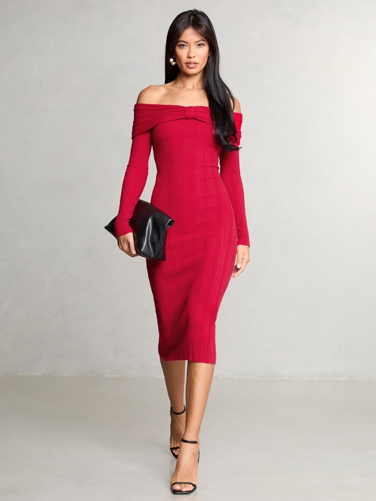 Lipsy Red Knitted Bow Detail Ribbed Bardot Dress - Image 1 of 4 Lipsy Red Knitted Bow Detail Ribbed Bardot Dress - Image 1 of 4