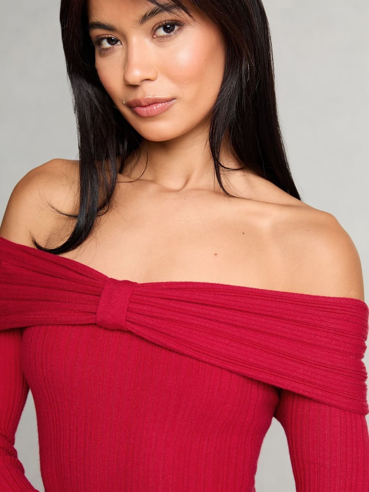 Lipsy Red Knitted Bow Detail Ribbed Bardot Dress - Image 2 of 4 Lipsy Red Knitted Bow Detail Ribbed Bardot Dress - Image 2 of 4
