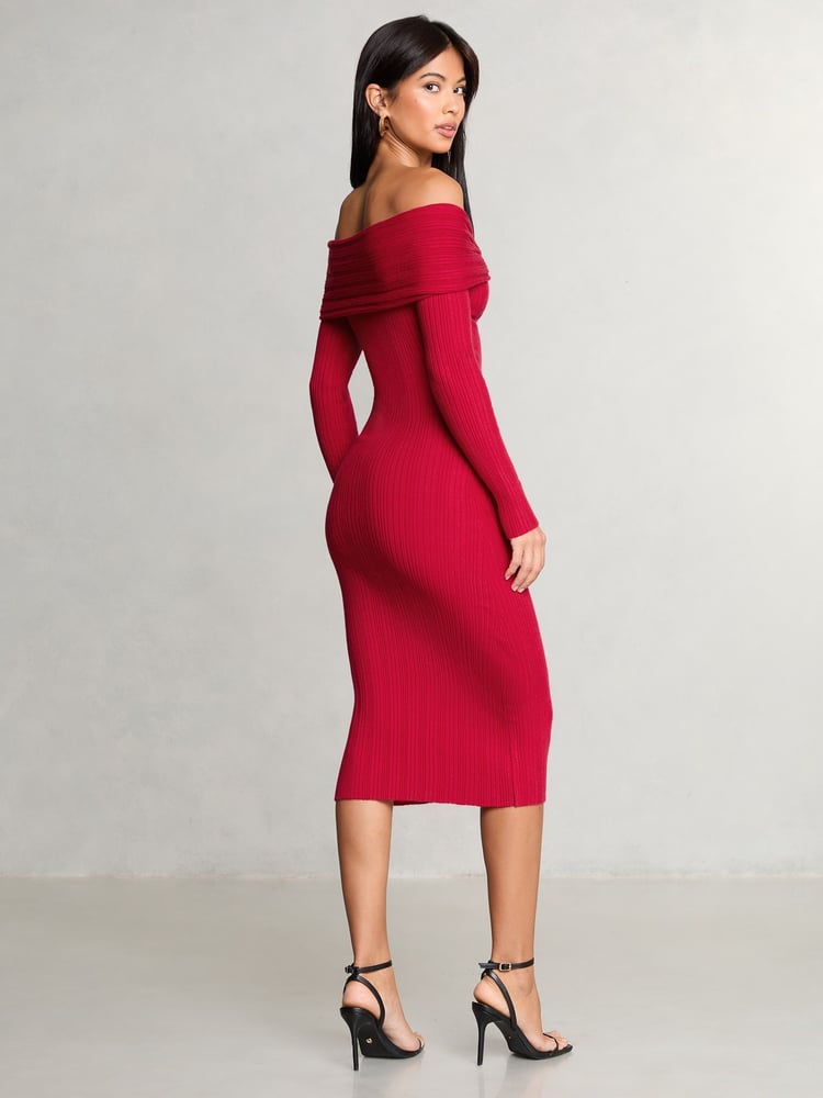 Lipsy Red Knitted Bow Detail Ribbed Bardot Dress - Image 4 of 4 Lipsy Red Knitted Bow Detail Ribbed Bardot Dress - Image 4 of 4
