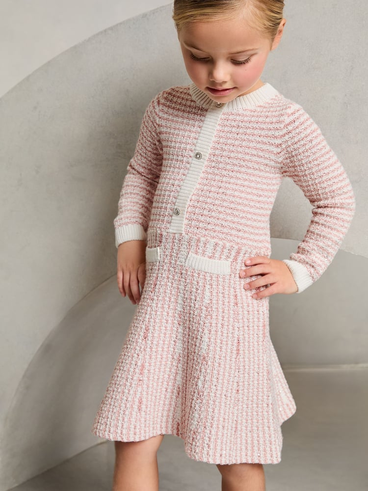 Lipsy Pink Mini Boucle Sequin Knit 100% Cotton Dress (18mths-6yrs) - Image 1 of 4