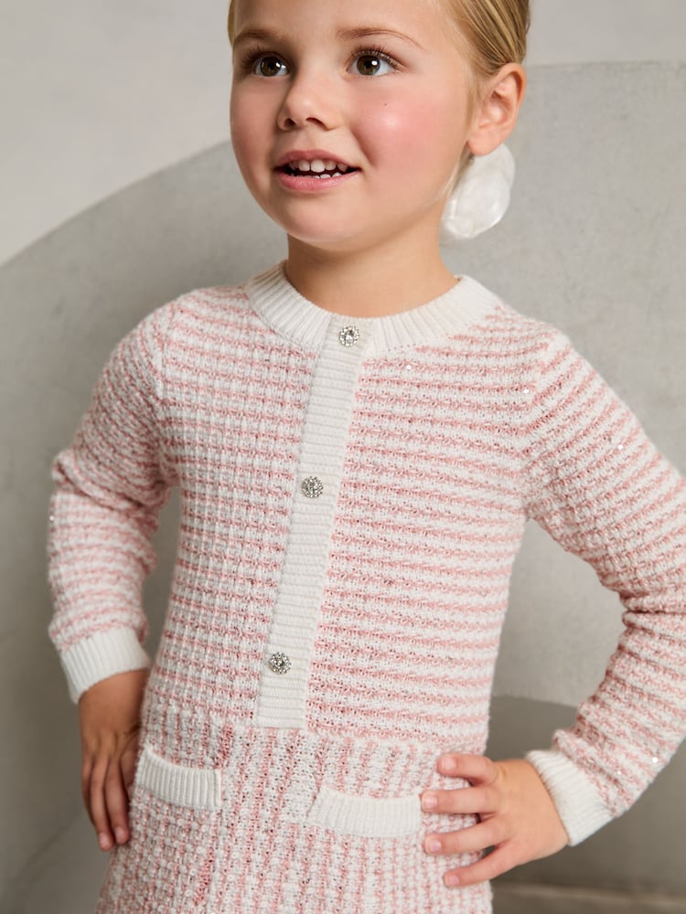 Lipsy Pink Mini Boucle Sequin Knit 100% Cotton Dress (18mths-6yrs) - Image 2 of 4