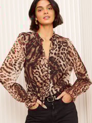 Friends Like These Brown Animal Long Sleeve Boho Tie Shirt - Image 1 of 4