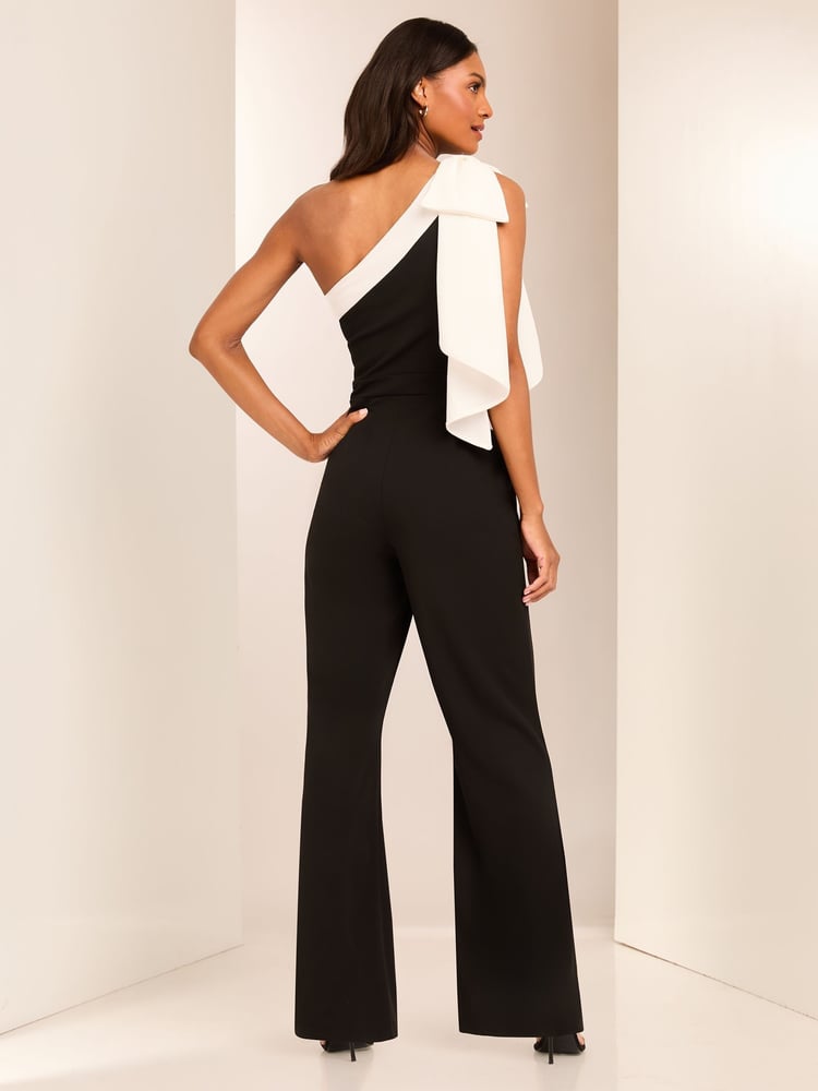 Lipsy Black and White Petite One Shoulder Bow Jumpsuit - Image 2 of 4