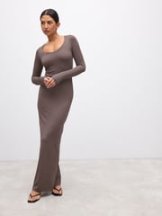 Taupe Pink Long Sleeve Scoop Bodycon Soft Touch Polyamide Midi Dress - Image 2 of 7