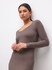 Taupe Pink Long Sleeve Scoop Bodycon Soft Touch Polyamide Midi Dress - Image 4 of 7