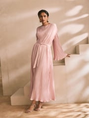 Blush Pink Metallic Plisse Long Sleeve Slash Neck Belted Maxi Dress - Image 1 of 9