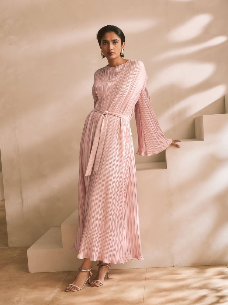 Blush Pink Metallic Plisse Long Sleeve Slash Neck Belted Maxi Dress - Image 1 of 9