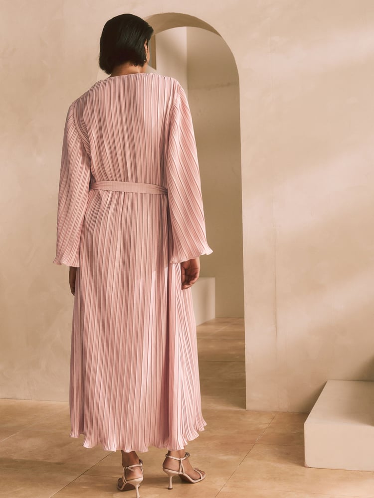 Blush Pink Metallic Plisse Long Sleeve Slash Neck Belted Maxi Dress - Image 2 of 9