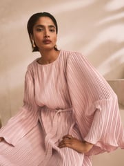Blush Pink Metallic Plisse Long Sleeve Slash Neck Belted Maxi Dress - Image 3 of 9